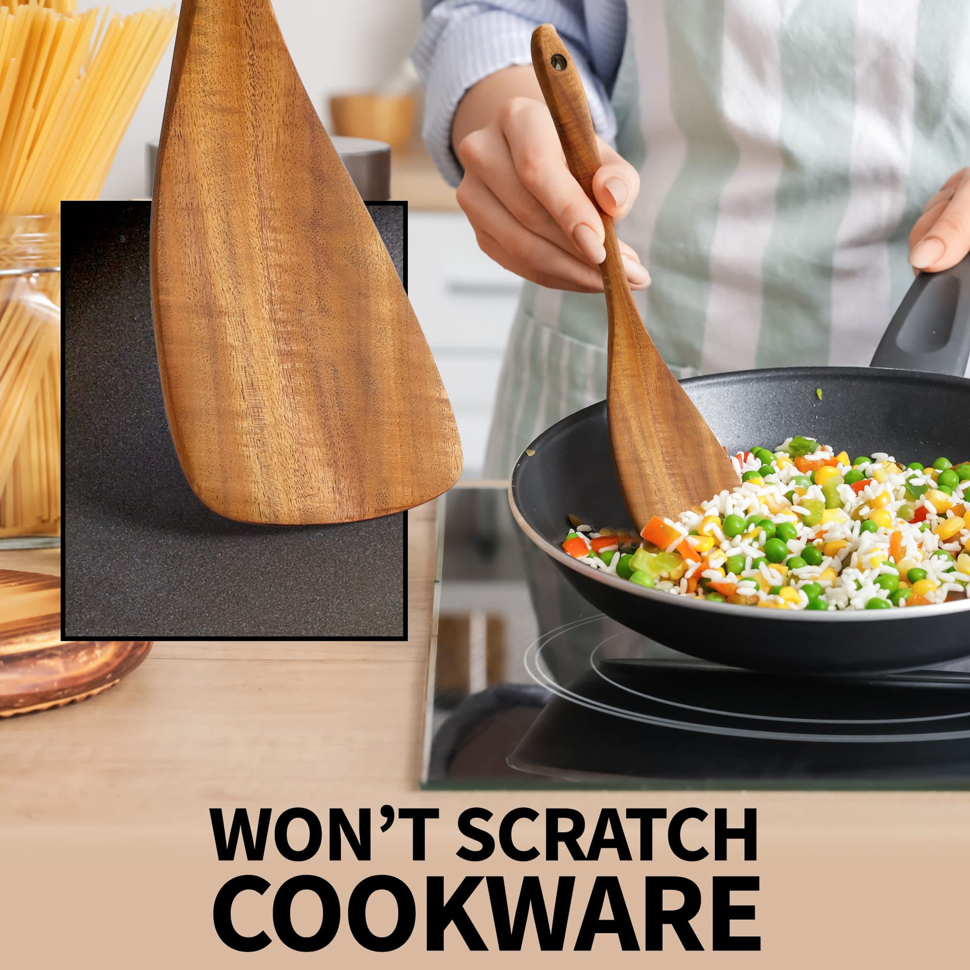 Zulay Kitchen 6-Piece Wooden Spoons for Cooking - Smooth Finish Teak Wooden Utensils for Cooking - Soft Comfort-Grip Wood Spoons for Cooking - Non-Stick Wooden Cooking Utensils - Wooden Spoon Sets - CookCave