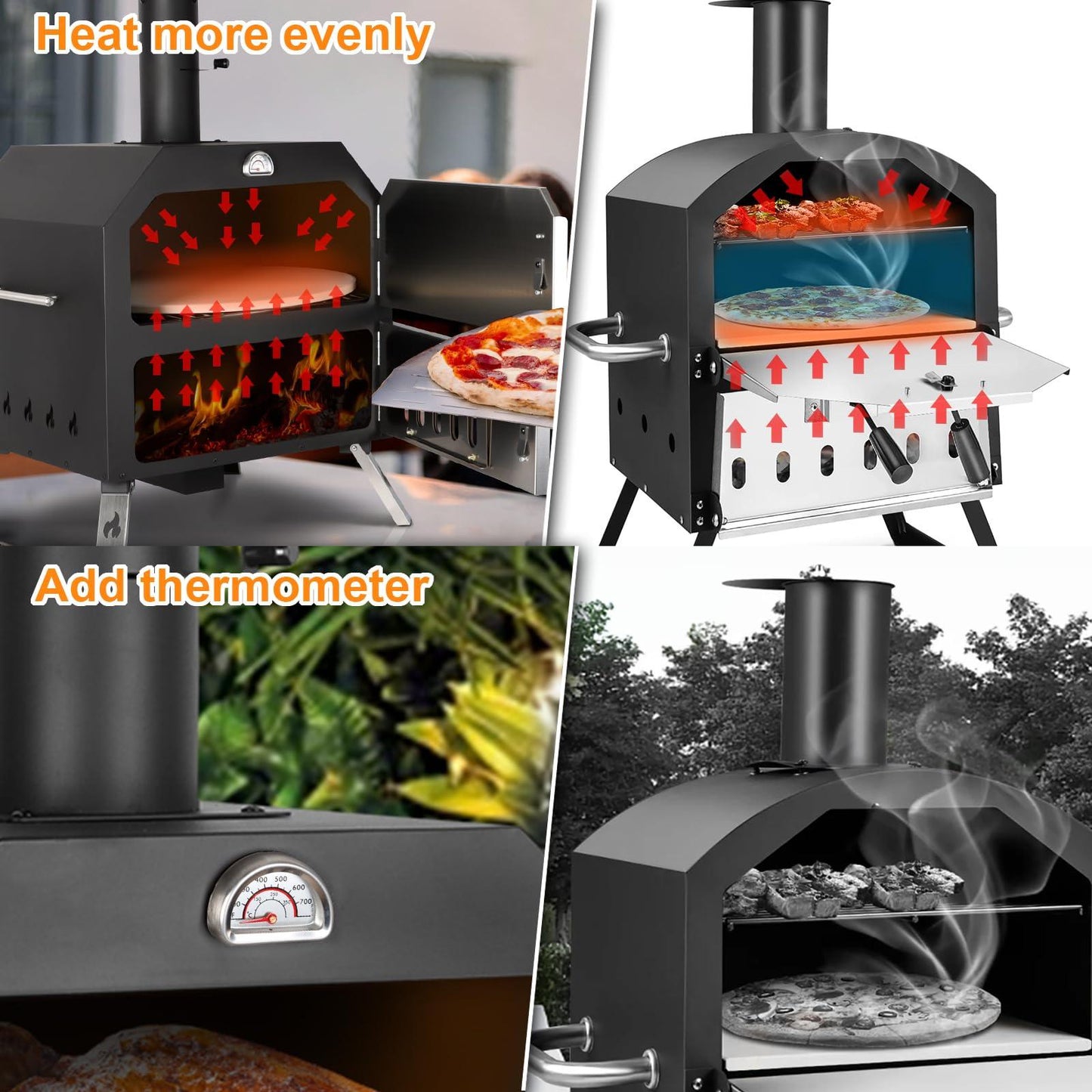 12’’ Outdoor Pizza Oven Wood Fired Pizza Oven Portable Patio Ovens Included Pizza Stone, Pizza Peel, Fold-up Legs, Cover Cooking Rack for Camping Backyard BBQ - CookCave