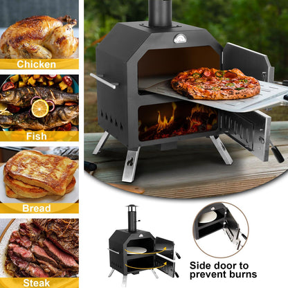 12’’ Outdoor Pizza Oven Wood Fired Pizza Oven Portable Patio Ovens Included Pizza Stone, Pizza Peel, Fold-up Legs, Cover Cooking Rack for Camping Backyard BBQ - CookCave