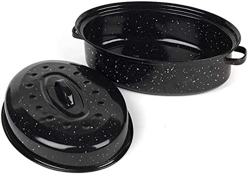 14.6 Inch Roaster Pan, Enamel Oval Turkey Roasting Pan with Domed Lid - Mother's Gift, Covered, Non-sticky, Free of Chemicals - Rôtissoire Chicken Meat Roasts Casseroles & Vegetables (14.6 Inch) - CookCave