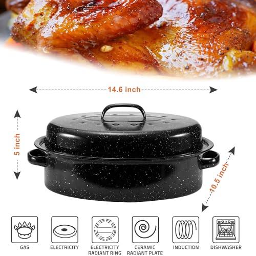 14.6 Inch Roaster Pan, Enamel Oval Turkey Roasting Pan with Domed Lid - Mother's Gift, Covered, Non-sticky, Free of Chemicals - Rôtissoire Chicken Meat Roasts Casseroles & Vegetables (14.6 Inch) - CookCave