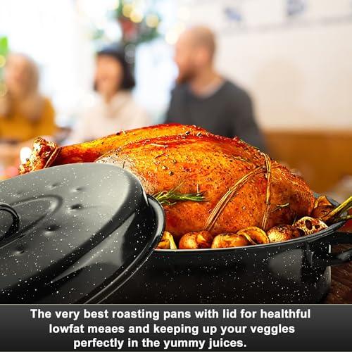 14.6 Inch Roaster Pan, Enamel Oval Turkey Roasting Pan with Domed Lid - Mother's Gift, Covered, Non-sticky, Free of Chemicals - Rôtissoire Chicken Meat Roasts Casseroles & Vegetables (14.6 Inch) - CookCave