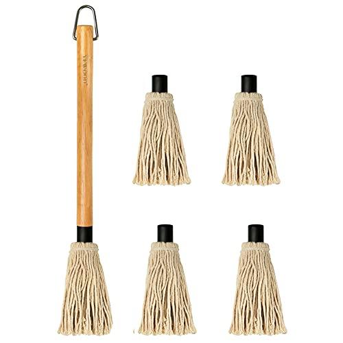 18 Inch Grill Basting Mop Wooden Long Handle with 4 Extra Replacement Heads for BBQ Grilling Smoking Steak - CookCave