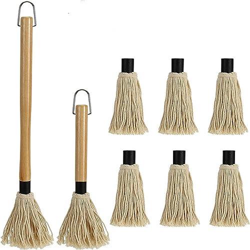2 Pack Grilling Basting Mop, Large BBQ Sauce Basting Mops & Brushes with Wooden Long Handle and 6 Extra Replacements for Grilling Smoking BBQ Steak, 19.2+18 Inch - CookCave