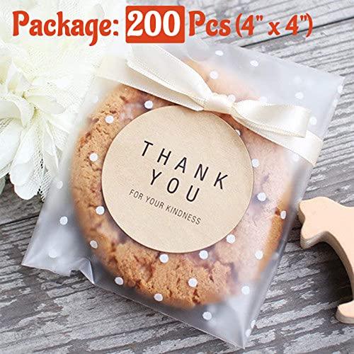 200 Pack DIY Self Adhesive Plastic Transparent Candy Cookie Gift Bag, 4" x 4" Reclosable White Polka Dot Self Sealing Packaging Bags, Chocolate Small Treat Party Birthday Wedding Halloween Christmas - CookCave