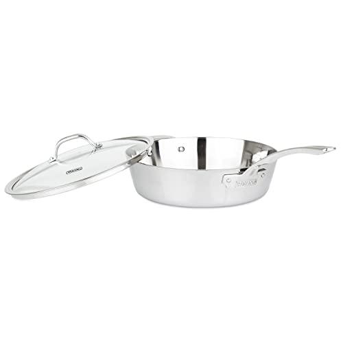 Viking Culinary Contemporary 3-Ply Stainless Steel Sauté Pan, 4.8 Quart, Includes Glass Lid, Dishwasher, Oven Safe, Works on All Cooktops including Induction - CookCave