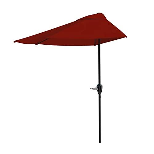 Pure Garden 9-Foot Half Patio Umbrella – Easy Crank Semicircle Opening Shade Canopy – For Against a Wall, Porch, or Balcony Furniture (Red) - CookCave