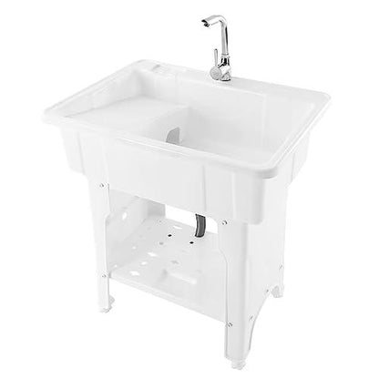 Laundry Sink,Freestanding Plastic Laundry Sink with Washboard,Utility Sink with Hot and Cold Faucet,Hoses and Drain Kit for Garage Basement Garden (25.59x21.65x31.5inch) - CookCave