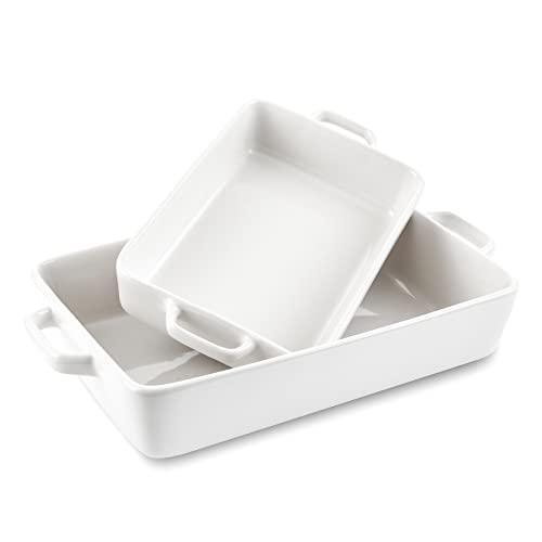 KitchenTour Ceramic Bakeware Set, Rectangular Baking Dish Casserole Dish Lasagna Pan with Double Handles Stoneware Bakeware Set of 2 - White - CookCave