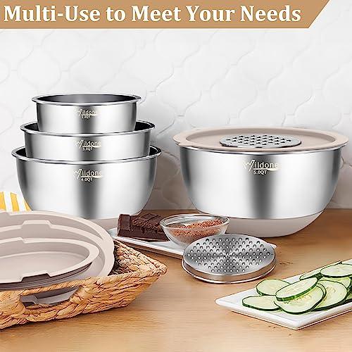 27-Piece Stainless Steel Nesting Mixing Bowl Set with Lids, Graters, Measurement Marks - CookCave
