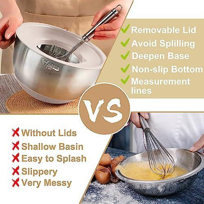 27-Piece Stainless Steel Nesting Mixing Bowl Set with Lids, Graters, Measurement Marks - CookCave