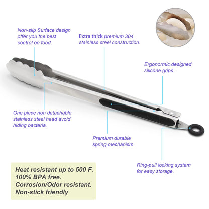 304 Stainless Steel Kitchen Cooking Tongs, 9" and 12" Set of 2 Sturdy Grilling Barbeque Brushed Locking Food Tongs with Ergonomic Grip, Black - CookCave