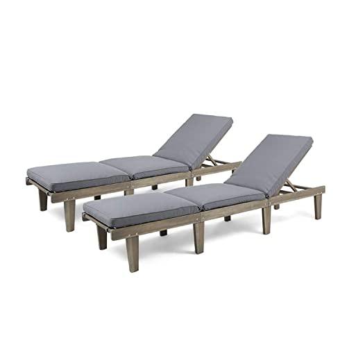 Christopher Knight Home Alisa Outdoor Acacia Wood Chaise Lounge (Set of 2), Grey Finish/Dark Grey Cushion - CookCave