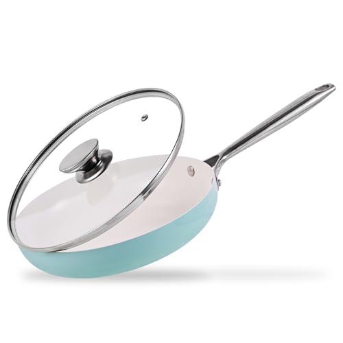 JEETEE Nonstick Frying Pan with Lid, 8" Ceramic Egg Omelette Pan W/Stainless Steel Handle, Non Toxic Skillet, PFAS-Free, Oven Safe, Compatible W/All Stovetop, Turquoise - CookCave