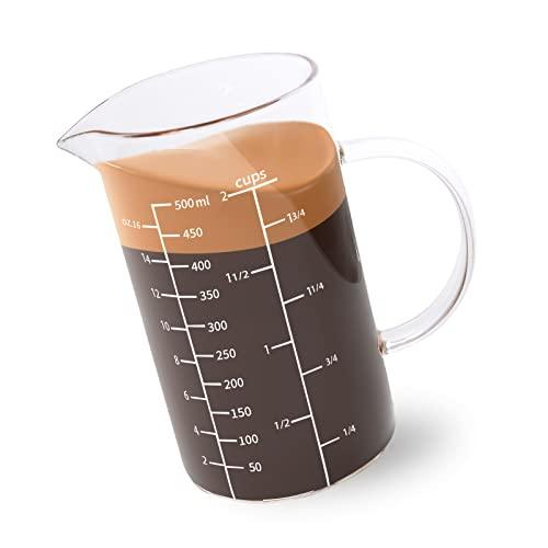 Newness Glass Measuring Cup with Handle, 500 ML (0.5 Liter, 2 Cup) Measuring Cup with Three Scales (OZ, Cup, ML/CC) and V-Shaped Spout, Measuring Beaker for Kitchen or Restaurant, Easy to Read - CookCave