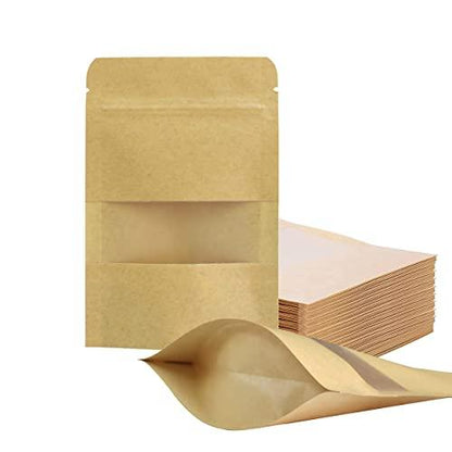 100 Pcs Resealable bags,3.5" x 5.5" Stand Up Kraft Paper Bags with Matte Window, Zip Lock Food Storage Bags for Packaging Products, Reusable, Sealable - CookCave