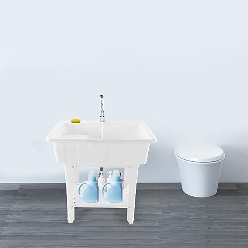 Laundry Sink,Freestanding Plastic Laundry Sink with Washboard,Utility Sink with Hot and Cold Faucet,Hoses and Drain Kit for Garage Basement Garden (25.59x21.65x31.5inch) - CookCave