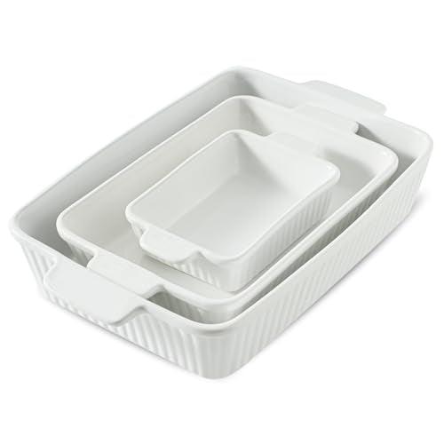 Hasense Casserole Dish Set of 3, Ceramic Baking Dishes for Oven, 9 x 13 Inches Lasagna Pan Deep, Rectangular Bakeware with Handles, Thanksgiving Christmas Gifts, White - CookCave