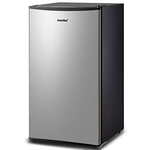 COMFEE' CRM33S3AST Cubic Feet Compact Singel Door Mini Fridge for Bedroom Office Garage Studio Dorm with 3 Removal Glass Shelves Stainless Steel Refrigerator, 3.3 Cuft,17.6"D x 18.6"W x 34"H, Silver - CookCave