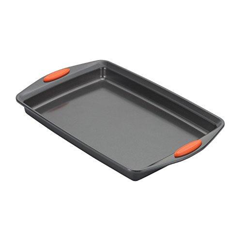 Rachael Ray 55673 Nonstick Bakeware Set with Grips includes Nonstick Bread Pan, Baking Pans and Cake Pans - 5 Piece, Gray with Orange Grips - CookCave