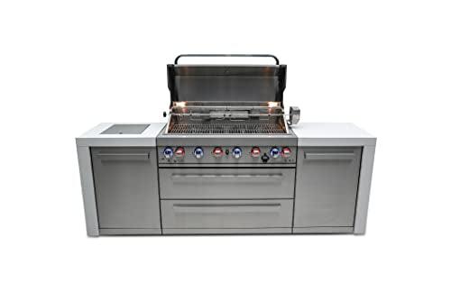 Mont Alpi MAi805-D 44-Inch 6-Burner 115000 BTU Stainless Steel Outdoor Kitchen Bar Island Barbecue Gas Grill w/Ceramic Infrared Rear & Side Burner + Granite Countertops + Storage Cabinets & Wheels - CookCave