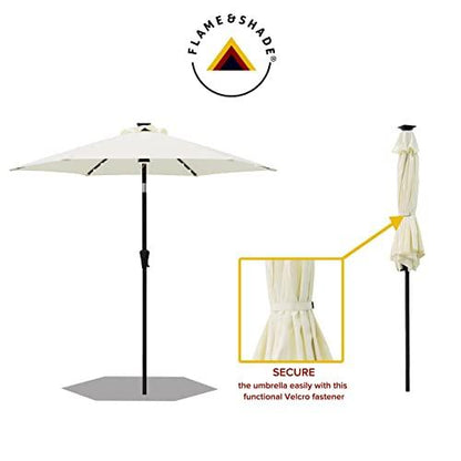 FLAME&SHADE 7.5 ft Solar Powered Outdoor Market Patio Table Umbrella with LED Lights and Tilt, Ivory - CookCave