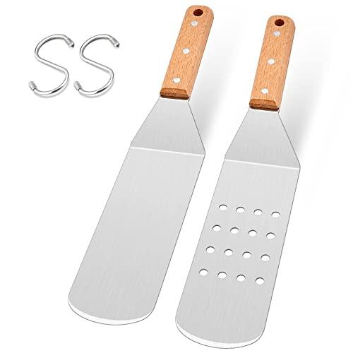 Joyfair Long Metal Griddle Spatulas (Wooden Handle), Stainless Steel Slotted Spatula turner for Barbecue Grilling/Kitchen Cooking, Heavy Duty Grill Flipper for Burger Cookie Brownie Pancake(2 Pcs) - CookCave