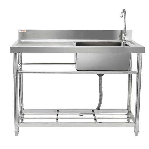 VEVOR Stainless Steel Utility Sink, 1 Compartment Free Standing Small Sink w/Workbench Faucet & legs, 47.2 x 19.7 x 37.4 in Commercial Single Bowl Sinks for Garage, Restaurant, Laundry, NSF Certified - CookCave