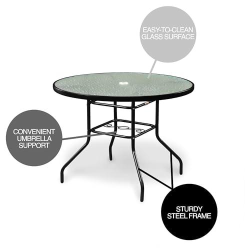 Garden Elements Outdoor Steel Dining Table Patio Furniture, Round Waterwave Glass Top, Black, 40" - CookCave