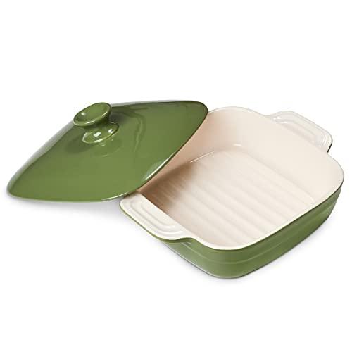 DOWAN Baking Dish With Lid, Ceramic Casseroles dish with lids, Lasagna Pan Deep, 53.4 OZ Rectangular Bakeware With Handle Oven Safe for Cooking, Dinner, Halloween Home Gift, 8 x 8 Inches, Green - CookCave