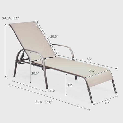 Giantex 2 Pack Patio Lounge Chair, Outdoor Chaise Lounge with 5 Adjustable Backrest, Sturdy Steel Frame, Sunbathing Recliner, Beach Chair, Tanning Chair for Outside, Yard, Balcony, Pool Chairs, Khaki - CookCave