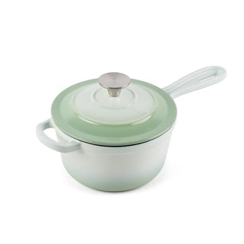 AILIBOO Enameled Cast Iron Sauce Pan, 2 Quarts Round Sauce Pot with Lid, Min Dutch Oven Enamel Saucepan for Cooking Pasta Sauce, Gravy, Puddings & Boiling, Gradient Green - CookCave