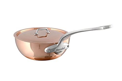 Mauviel M'150 S 1.5mm Polished Copper & Stainless Steel Splayed Curved Saute Pan With Lid, And Cast Stainless Steel Handle, 2.1-qt, Made In France - CookCave