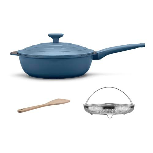 LIGTSPCE All-in-One Pan,Always Nonstick Multipurpose Saute pan,Large Skillet with Strainer,Deep Frying Pan with Lid(11-inch), PFOA Free chef’s pan,Dishwasher and Oven Safe (Cerulean) - CookCave