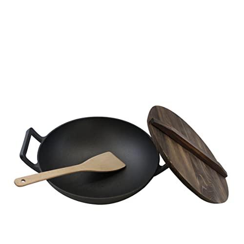 Home VSS Cast Iron， Pre-Seasoned Wok 12.5" With Wood Spatula and Wood Lid - CookCave