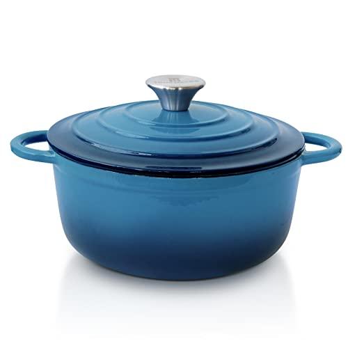 Trustmade 3 QT Cast Iron Dutch Oven, Enamel Coated Cookware Pot with Self Basting Lid for Home Baking, Braiser, Cooking, Blue - CookCave