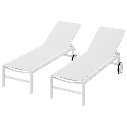 SUNLEI Patio Chaise Lounge Outdoor Set of 2, w/5-Position Adjustable Backrest & All Weather, 2 Large Wheels of Tanning Recliner Chair for Pool Beach Deck for Outside, White - CookCave