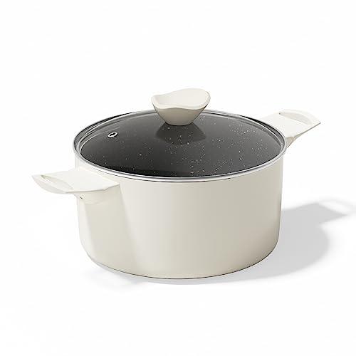Velosan Stock Pot 5.18 QT with Lid, Nonstick Cooking Pot Induction Soup Pot Cooking Pots Granite Stone Cookware Non Stick Pots with Heat-resisted Handle PFOA Free 9.45'', Magnolia White with Lid - CookCave
