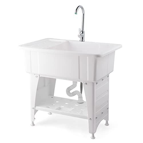 VINGLI Utility Sink Laundry Tub for Washing Room, Freestanding Utility Sink with Stainless Steel Faucet, (White, 32.3"W x 22.4" D x 43.3"H) - CookCave