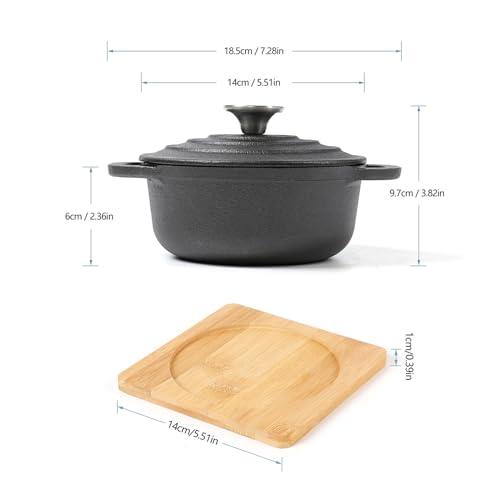 HAWOK Cast Iron Mini Round Cocotte Set, 0.7QT Mini Dutch Ovens with Lids and Bamboo Trays, 667ml/22.57oz/2.82cups, Set of 2, Black - CookCave