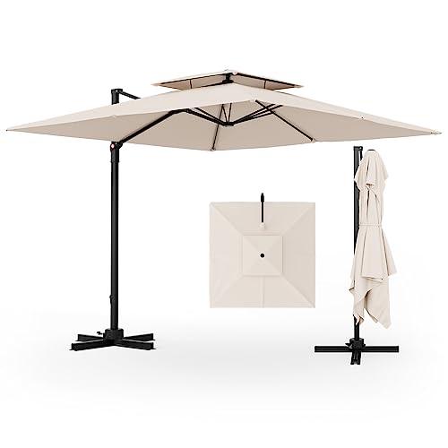 Tangkula 9.5 FT Cantilever Patio Umbrella, Outdoor Square Offset Umbrella with 360癛otation, Double Top Heavy Duty Patio Hanging Umbrella with Cross Base for Garden Deck Pool Backyard (Beige) - CookCave