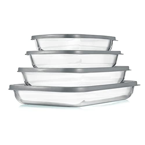 NutriChef 4 Sets Glass Bakeware - High Borosilicate Rectangular Glass Baking Dish w/Gray BPA-Free PE Lids, Freezer-to-Oven Home Kitchen Bake Casserole Food Storage Stackable Tray Pan, Dishwasher Safe - CookCave