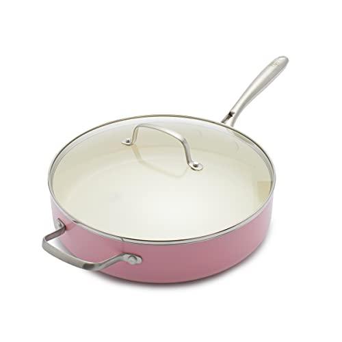 GreenLife Artisan Healthy Ceramic Nonstick, 5QT Saute Pan Jumbo Cooker with Helper Handle and Lid, Stainless Steel Handle, PFAS-Free, Dishwasher Safe, Oven Safe, Soft Pink - CookCave