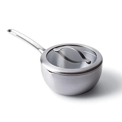 GreenPan X Food 52 Five-Two Essentials, Tri-Ply Stainless Steel 2.7QT Saucepan Pot with Strainer Lid, PFAS-Free, Multi Clad, Induction, Dishwasher Safe, Oven Safe, Silver - CookCave