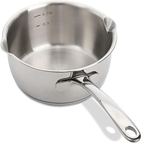 DEAYOU 18/10 Stainless Steel Butter Warmer Pan, 0.8-Quart Measuring Saucepan with Dual Pour Spout, Small Milk Butter Melting Pot, Induction Heavy Bottom Sauce Pan for Stove Top, Soup, Chocolate, 25OZ - CookCave