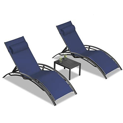 PURPLE LEAF Patio Chaise Lounge Set Outdoor Beach Pool Sunbathing Lawn Lounger Recliner Outside Tanning Chairs with Arm for All Weather Side Table Included Navy Blue - CookCave