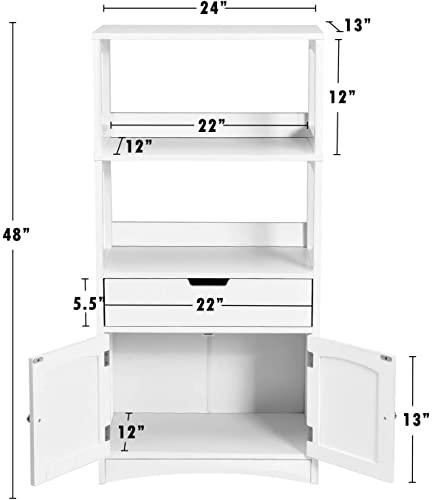 HAPPYGRILL Bathroom Floor Cabinet, Floor Bathroom Storage Cabinet with 2 Open Shelves, Drawer & Door, Anti-Toppling Mechanism, Freestanding Bathroom Cabinet Organizer for Living Room Entryway Kitchen - CookCave