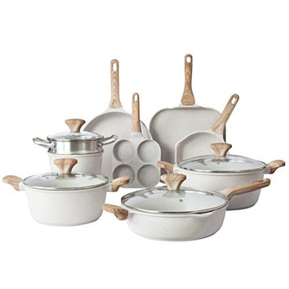 Country Kitchen Induction Cookware Sets - 13 Piece Nonstick Cast Aluminum Pots and Pans with BAKELITE Handles, Glass Lids -Cream - CookCave