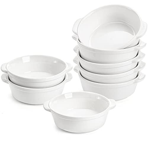 Foraineam 8 Pack 10 Ounce Porcelain Souffle Dishes with Double Handles Round Ramekins Bakeware Set for Pudding, Creme Brulee, Souffle - CookCave