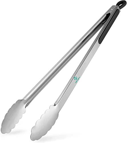 BBQ Tongs for Grilling, 17" Long Kitchen Cooking Stainless Steel Heavy Duty Locking Grill Tongs with Soft Grip Silicone Handle - CookCave